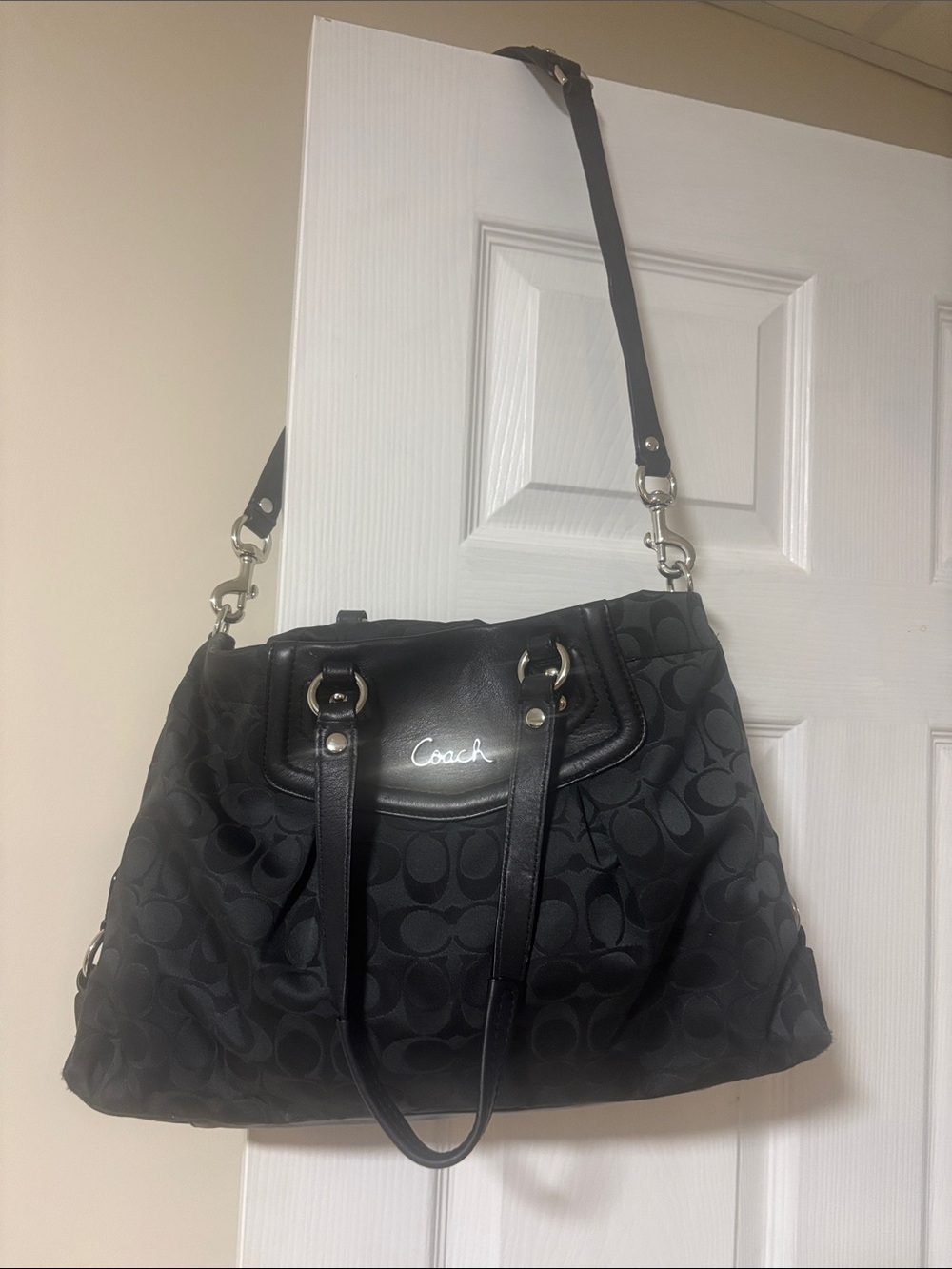 Coach Black Signature Canvas Shoulder Bag with Silver Hardware